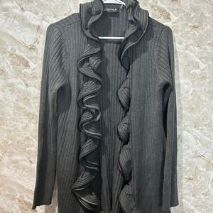 Talk of the Walk Ruffle Cardigan Ribbed Knit Open‎ Front Gray Sweater